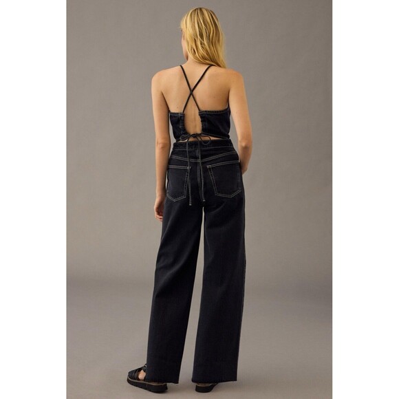 NWT ETICA Cami Halter Black Pearl Denim Jumpsuit Crop Wide Leg Size L - Picture 3 of 16